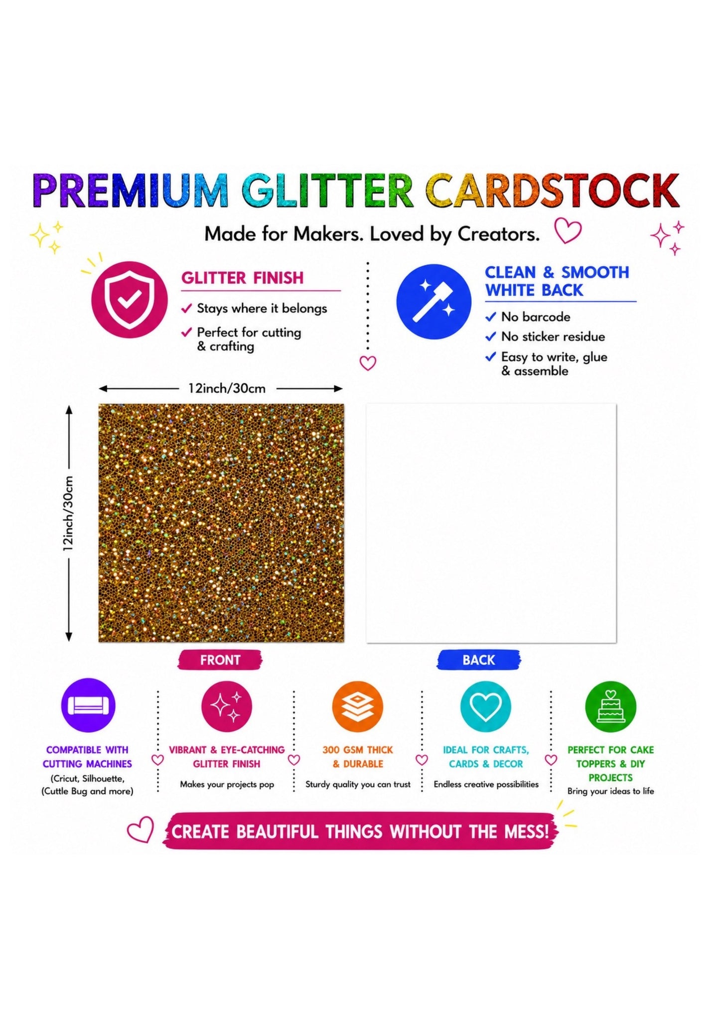Glitter Cardstock Sampler Pack – Rainbow, Gold Mesh, Blue Mesh, Star Silver (12x12”, 300gsm)